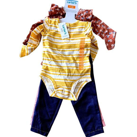 Carters Baby Girls 4-Piece Outfit Set 9-12M - Floral & Striped Bodysuits With Pi - Picture 1 of 7